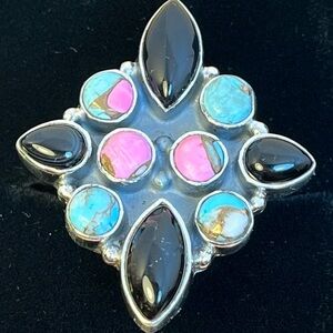 Sterling Silver Black Onyx Cotton Candy Turquoise Adjustable Cluster Ring